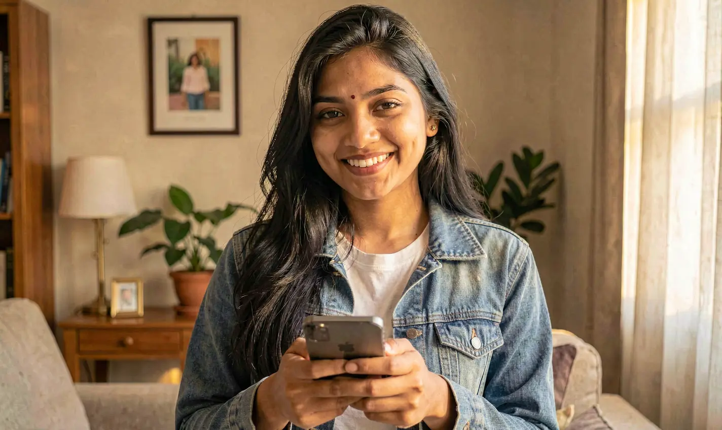Happy Bangladeshi woman smiling while using the 29OK casino app on her smartphone in a comfortable indoor setting