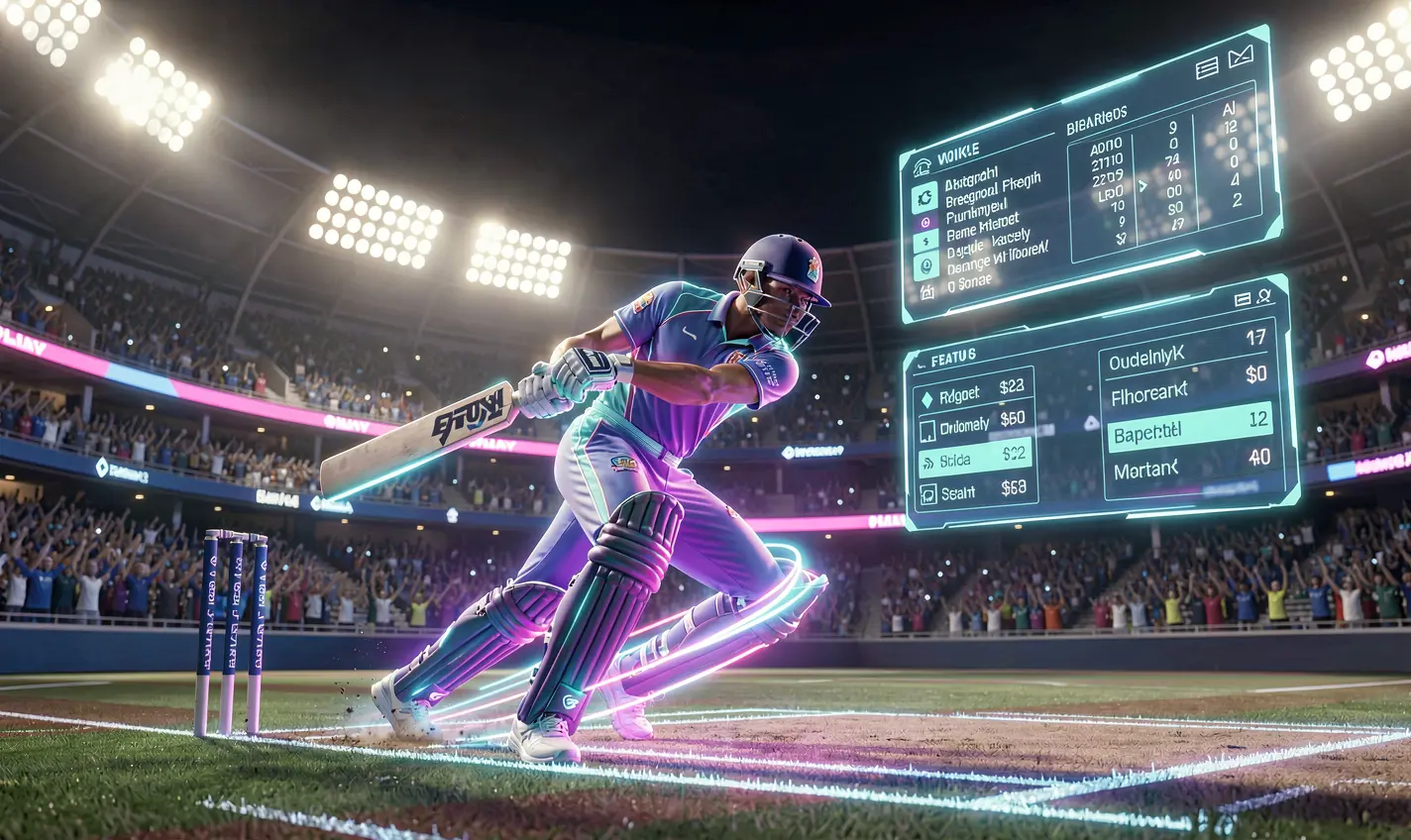 Stylized neon cricket player with glowing motion trail and digital stadium backdrop highlighting immersive live betting on 29OK in Bangladesh