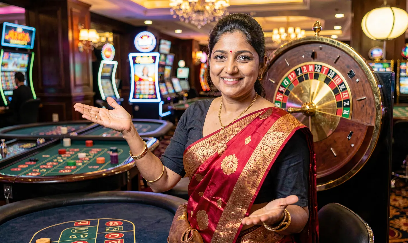 Elegant casino hostess welcoming players with open arms in a bright gaming environment featuring roulette and slot machines at 29OK online casino