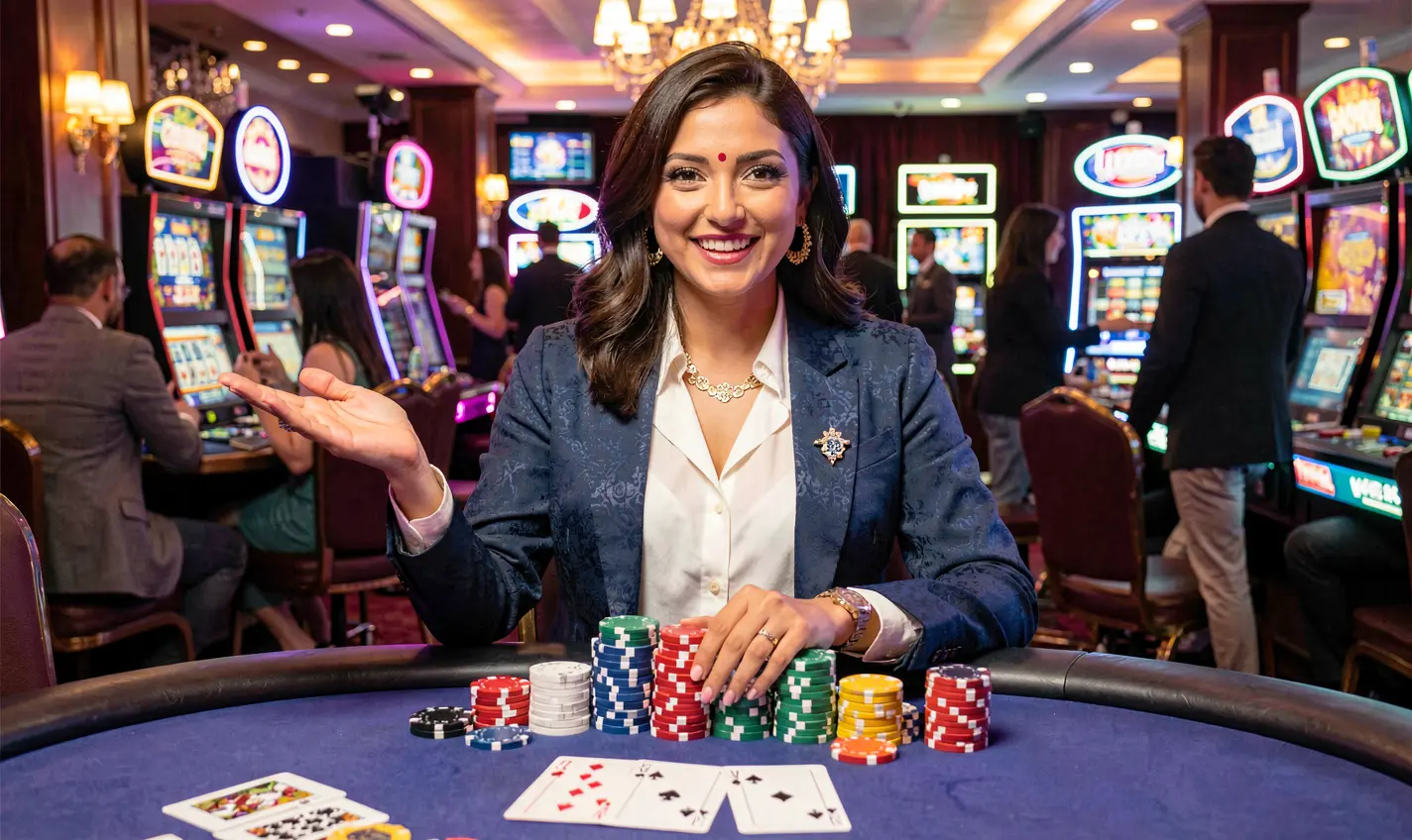 Stylish casino dealer standing by a live gaming table with stacked chips and slot machines in the background representing premium entertainment at 29OK Casino Bangladesh