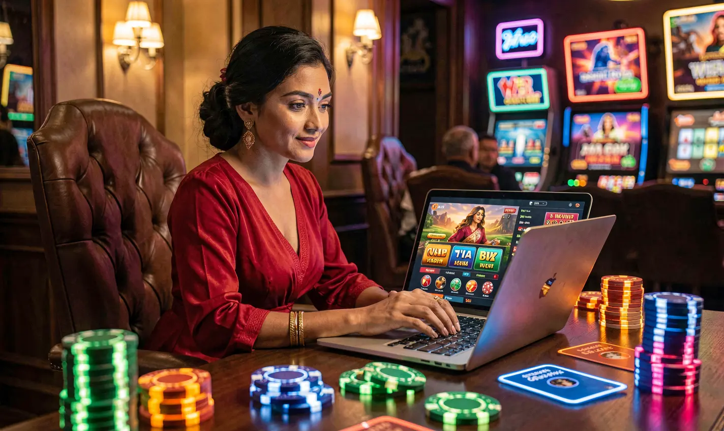 Elegant Bangladeshi woman in a red dress playing online casino games on a laptop with glowing poker chips and digital cards at 29OK Casino