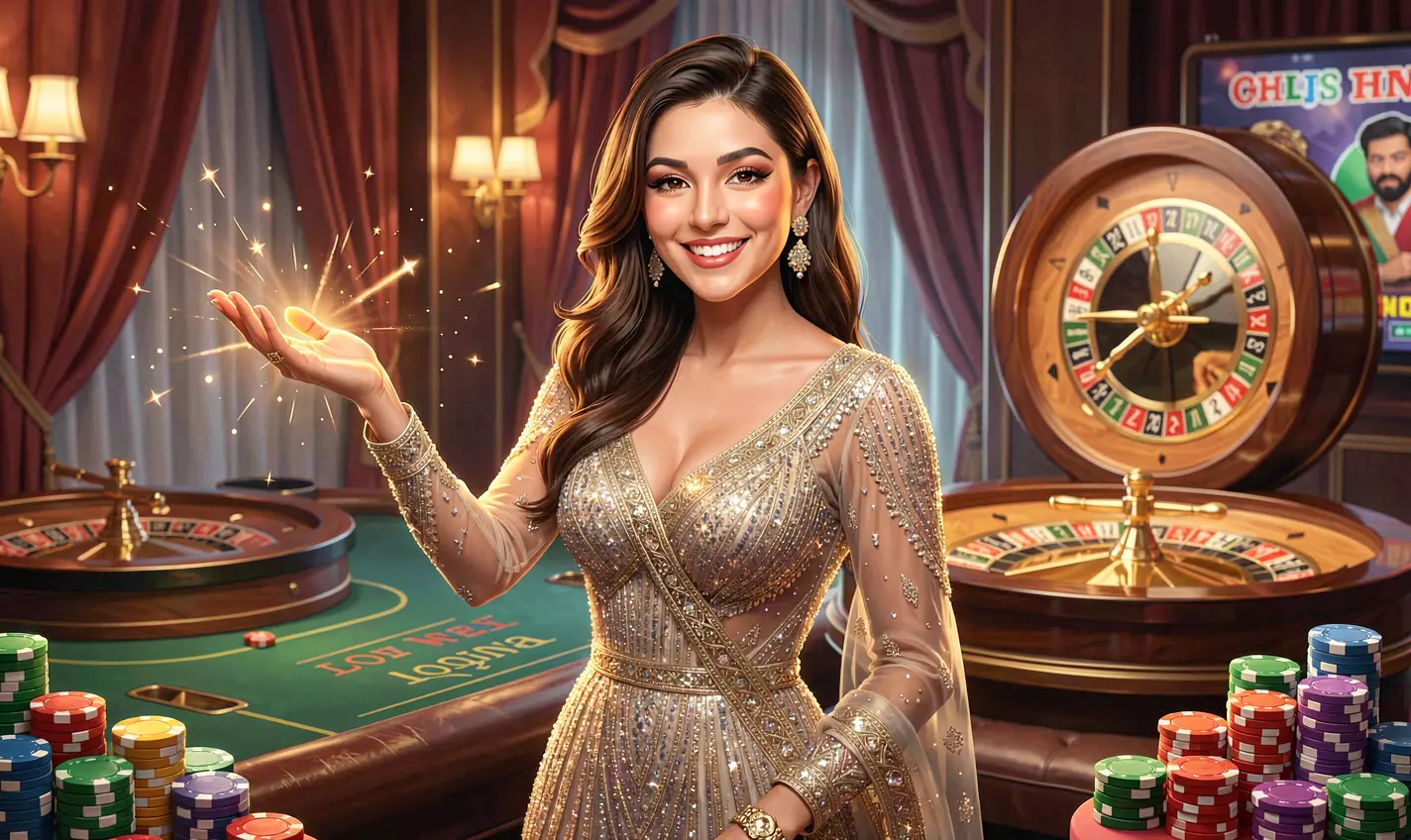 Elegant Bangladeshi casino hostess welcoming players to the 29OK platform with a glowing roulette wheel and flying chips in the background