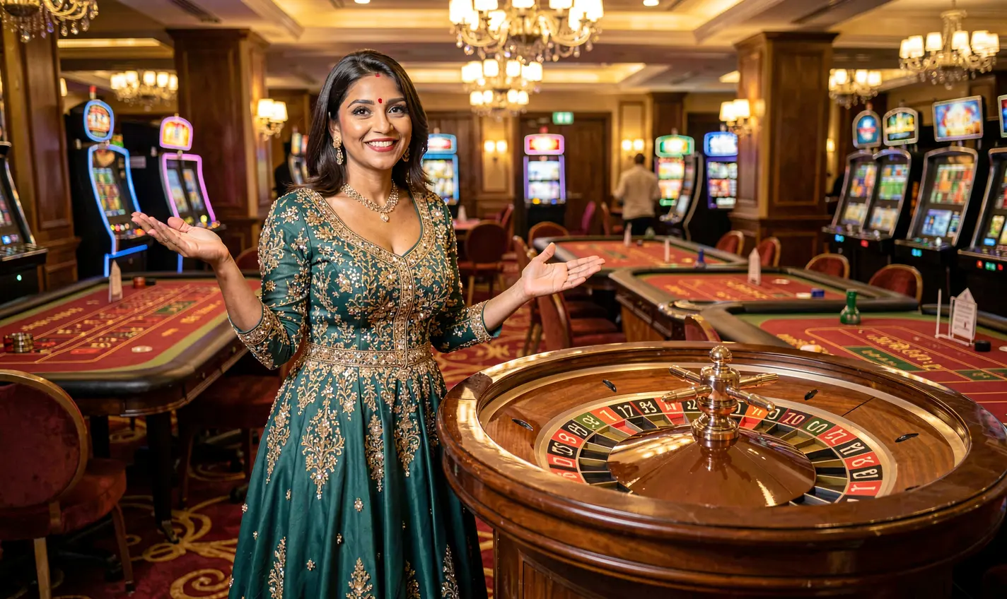 Attractive live casino hostess near a roulette table with vibrant lighting and a modern casino atmosphere highlighting the immersive gaming experience at 29OK for players in Bangladesh