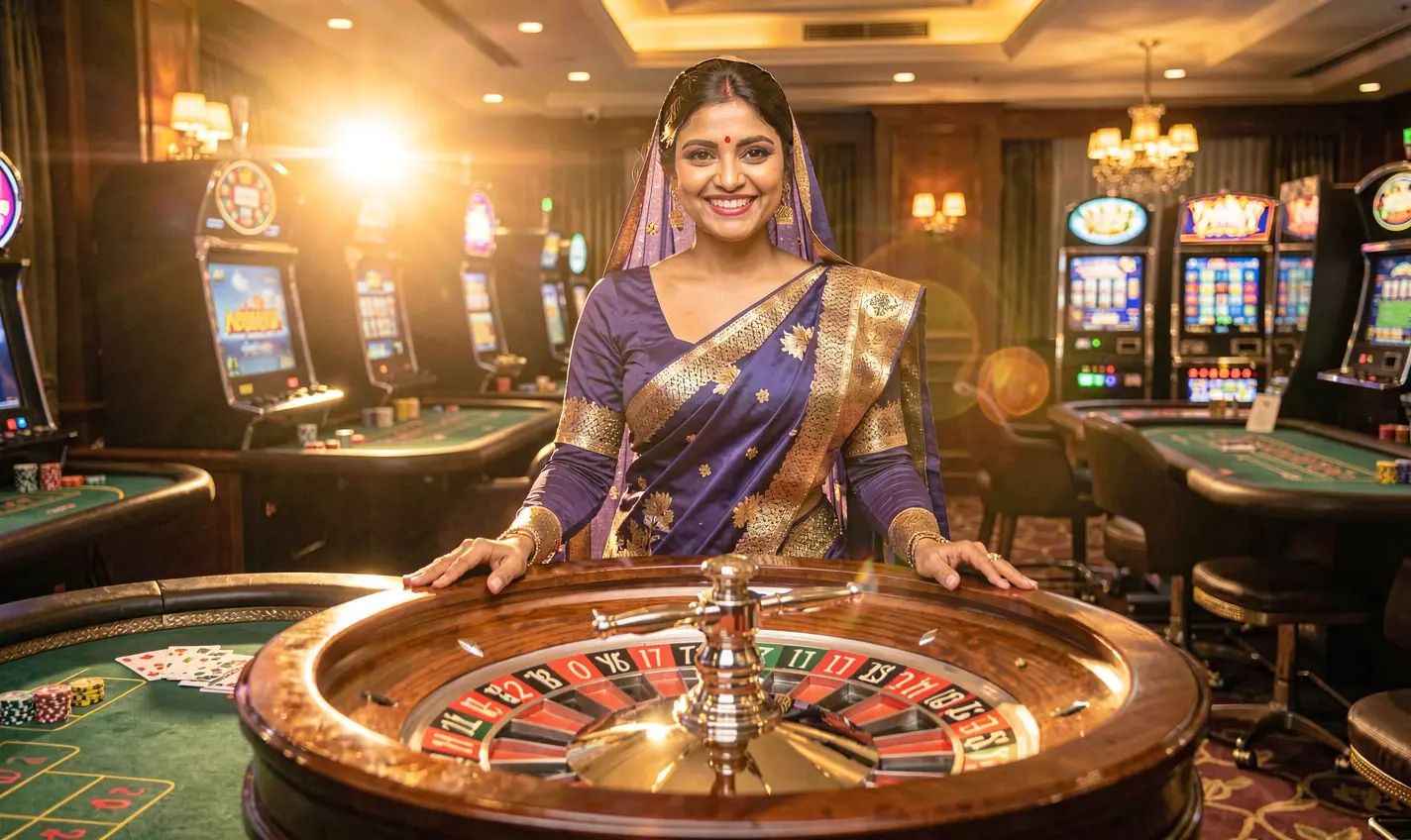 Confident Bangladeshi casino dealer standing before a glowing roulette wheel showcasing the immersive live casino experience at 29OK