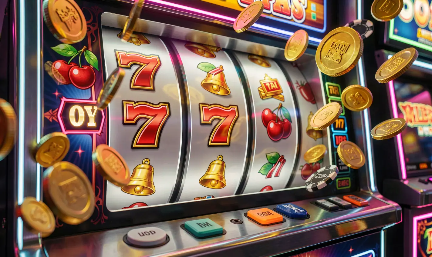 Vibrant slot machine reels showing triple sevens with flying coins creating a jackpot atmosphere at 29OK online casino for players in Bangladesh